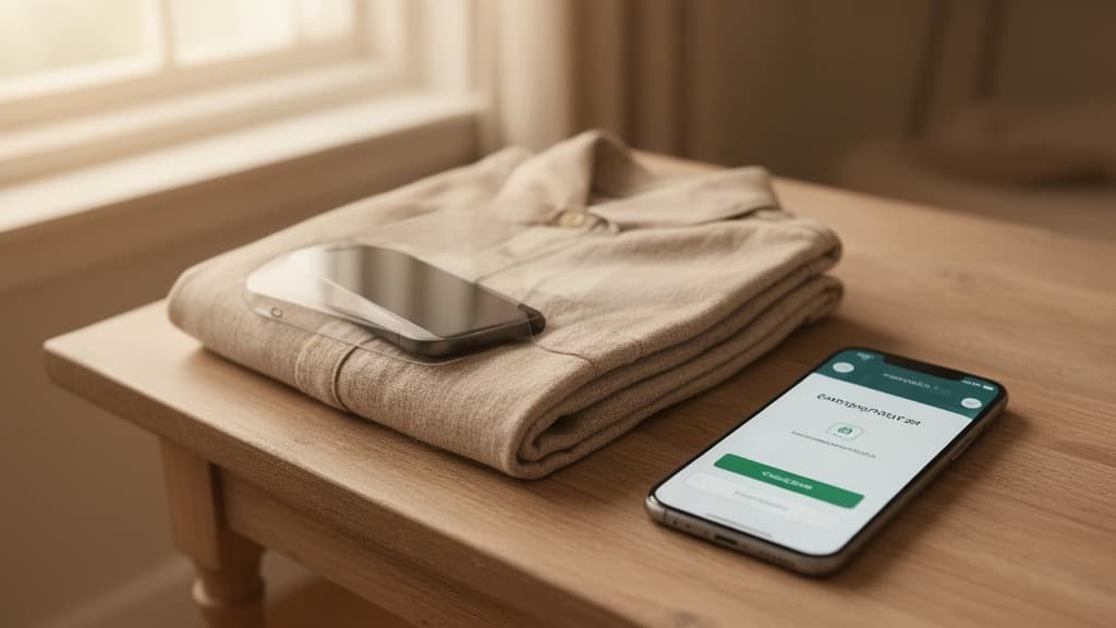 Smartphone com tela de confirmação de pagamento ao lado de roupas dobradas e um eletrônico sobre uma mesa de madeira, em ambiente doméstico organizado e iluminado